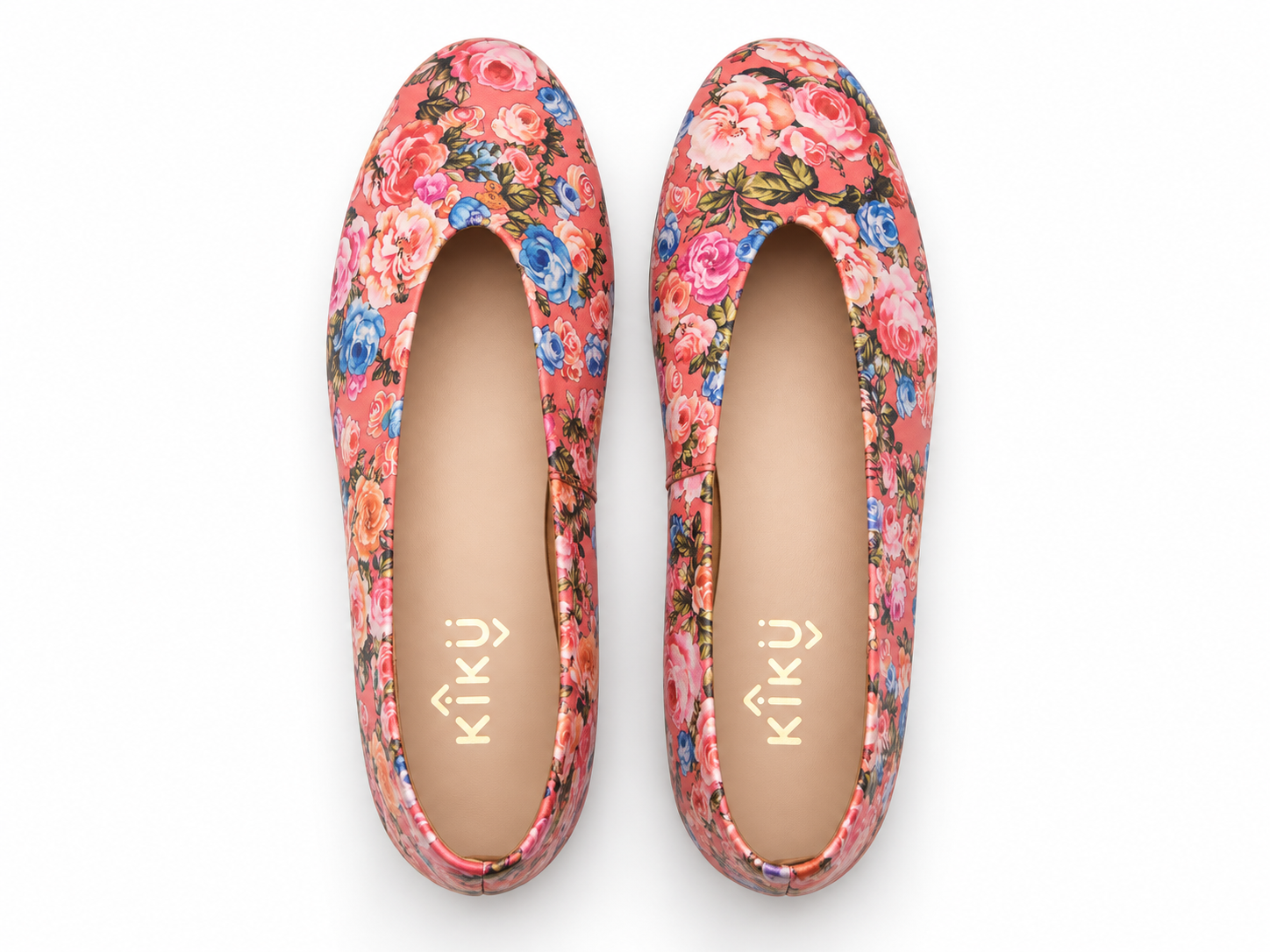 Vista superior de las bailarinas Rose Nude con estampado floral multicolor