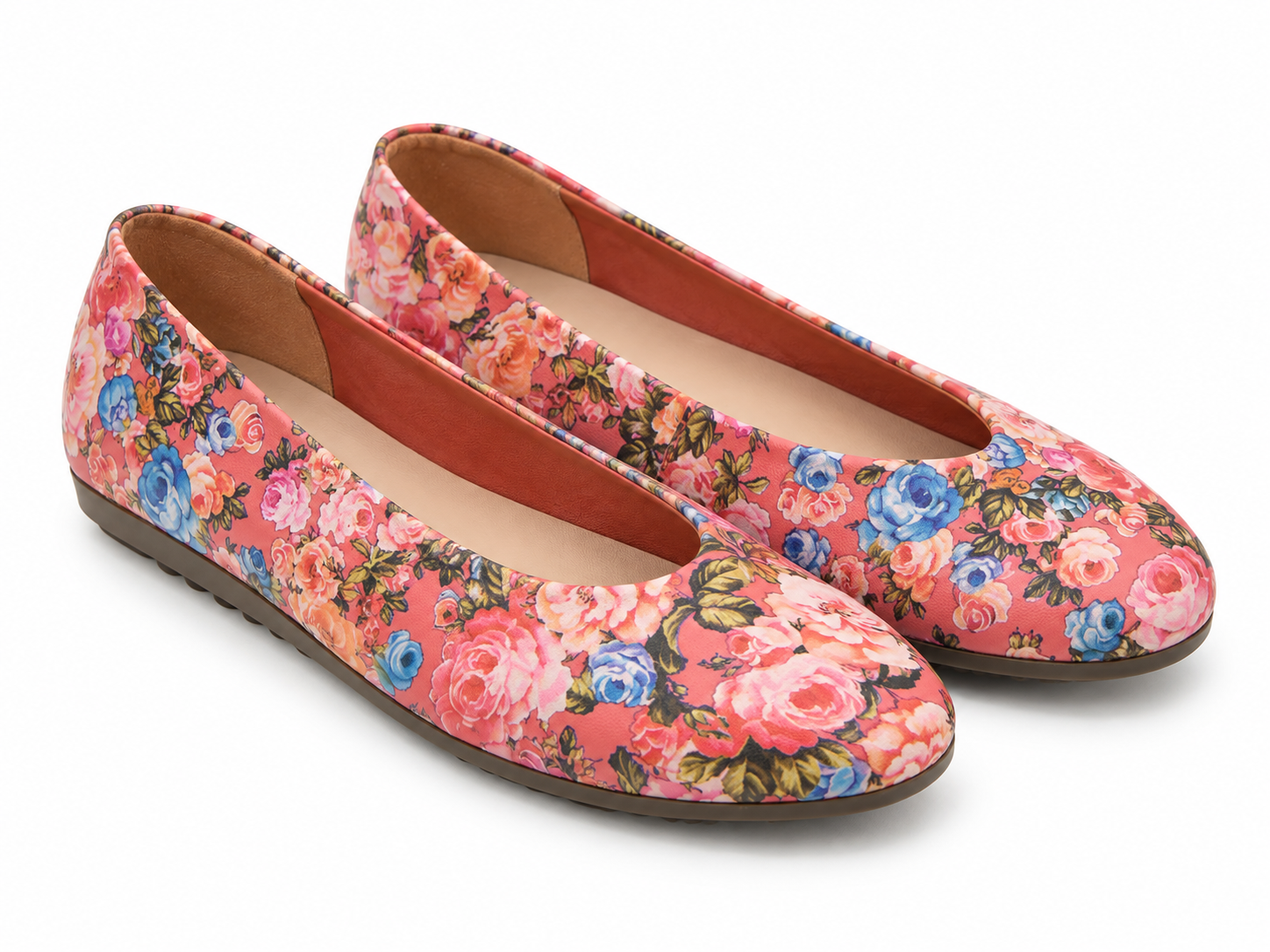 - Bailarina Rose Nude de mujer con estampado floral en tonos coral, rosa y verde
