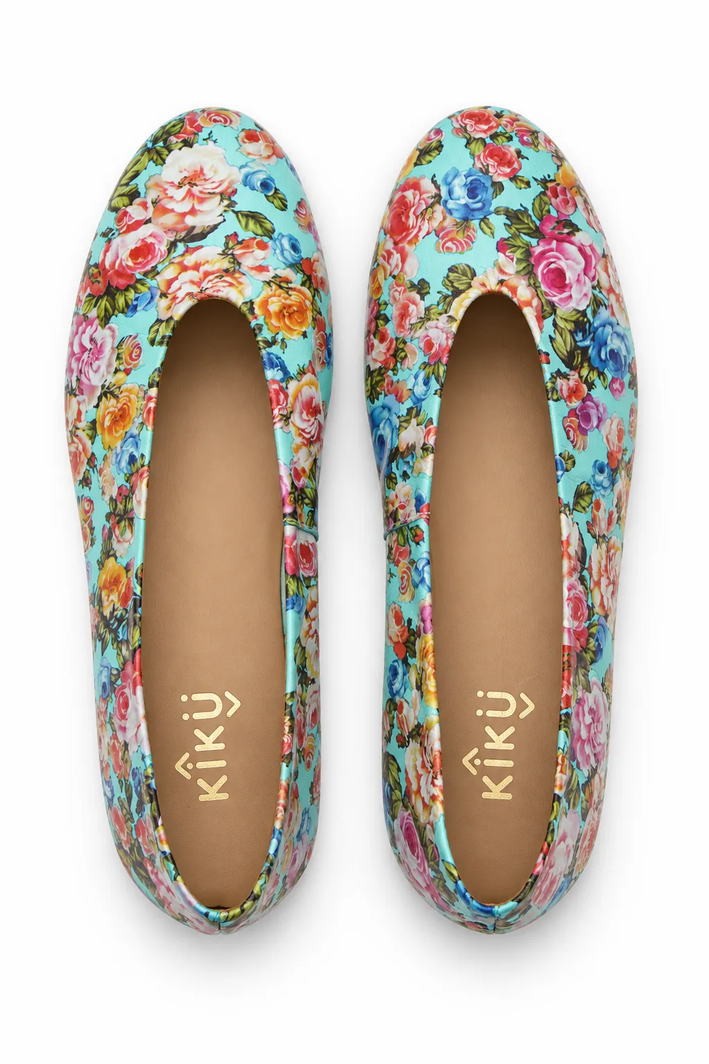 Vista superior de las bailarinas Bailarinas Rose Turquesa de piel para mujer vistas desde arriba con estampado floral