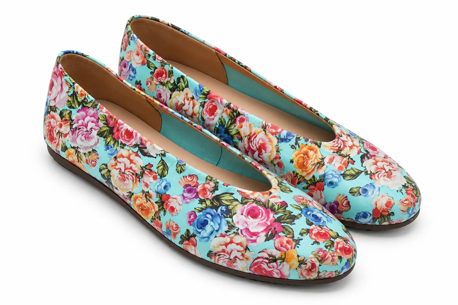 Bailarina Rose Turquesa de piel para mujer con estampado floral, vista lateral en ángulo