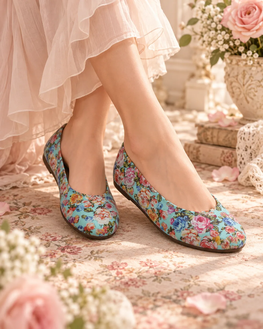 Mujer llevando bailarinas Rose Turquesa con estampado floral